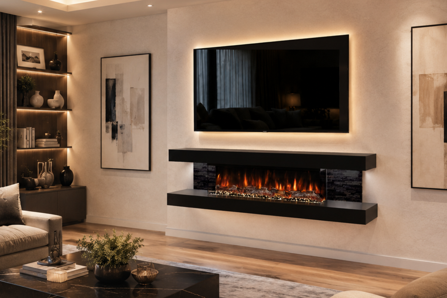 Evolution Fires - Vegas 72 - Wall-Mounted Electric Fireplace - Black - Black Stone Tiles