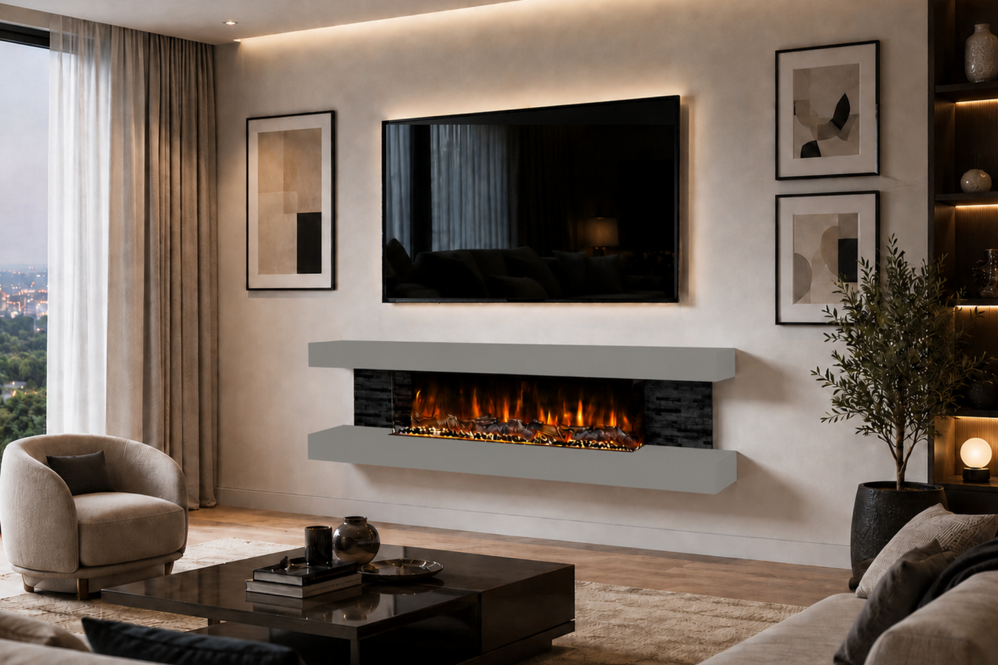Evolution Fires - Vegas 72 - Wall-Mounted Electric Fireplace  (Gray, Black Stone)