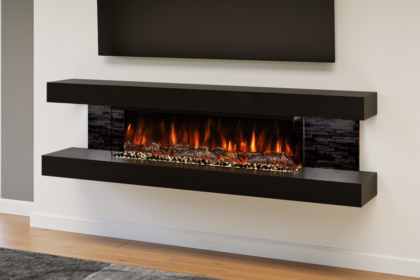 Evolution Fires - Vegas 72 - Wall-Mounted Electric Fireplace - Black - Black Stone Tiles