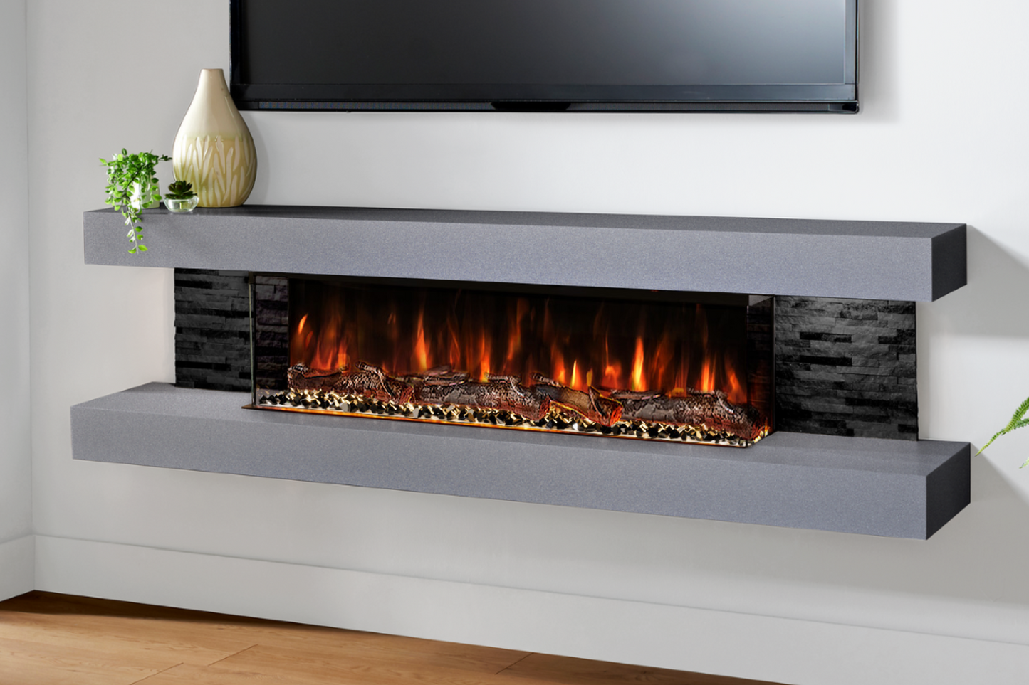 Vegas 72 - Wall-Mounted Electric Fireplace by Evolution Fires (Gray, Black Stone)