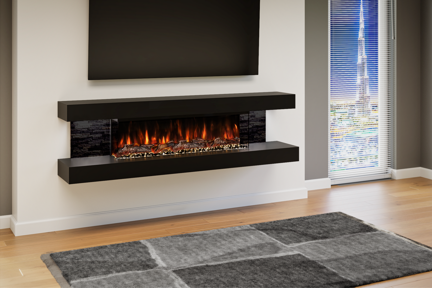 Evolution Fires - Vegas 72 - Wall-Mounted Electric Fire (Black, Black Stone)